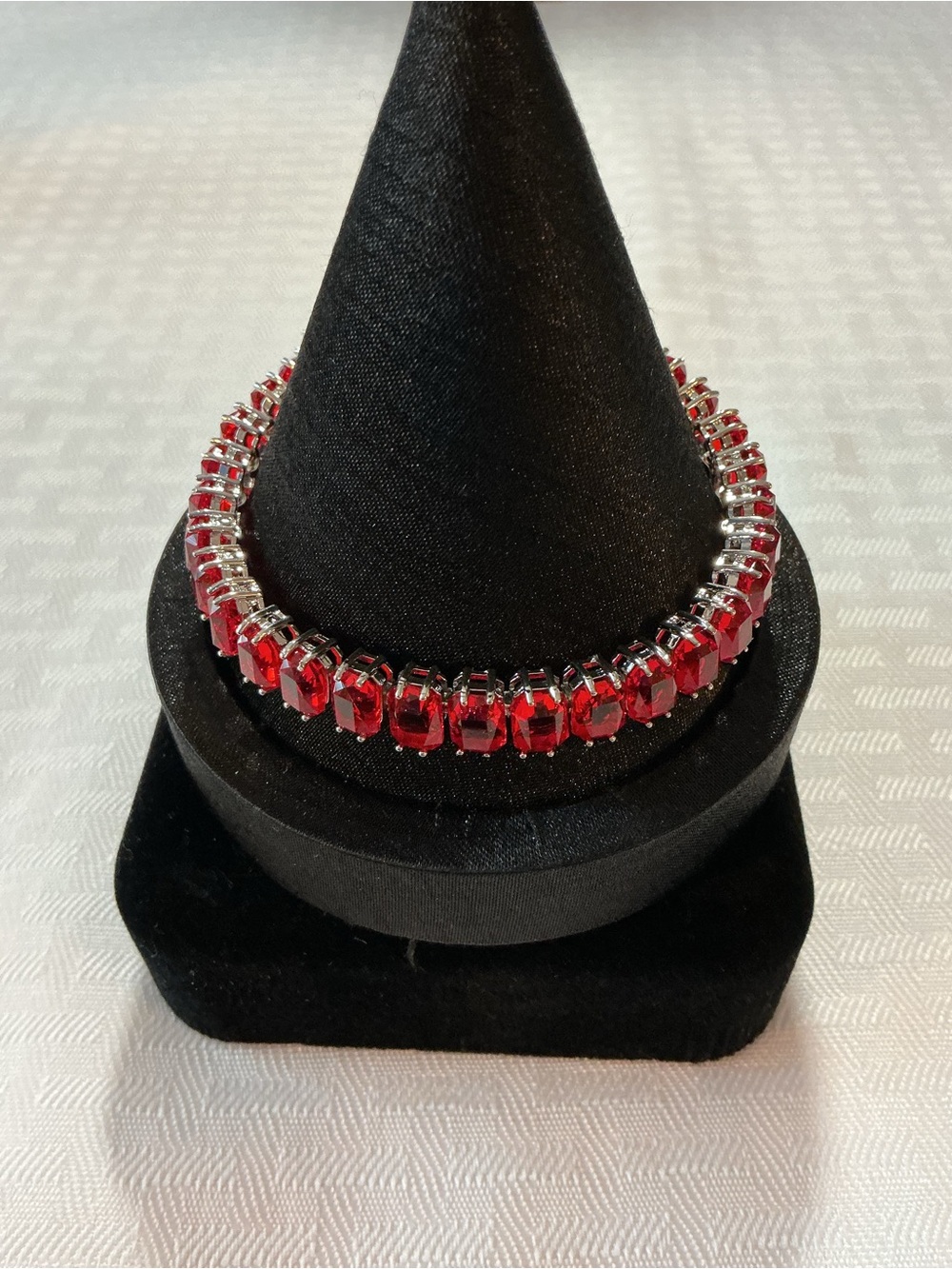 Red Natural Pyrone Garnet Adjustable Emerald Cut Silver Tone Tennis Bracelet